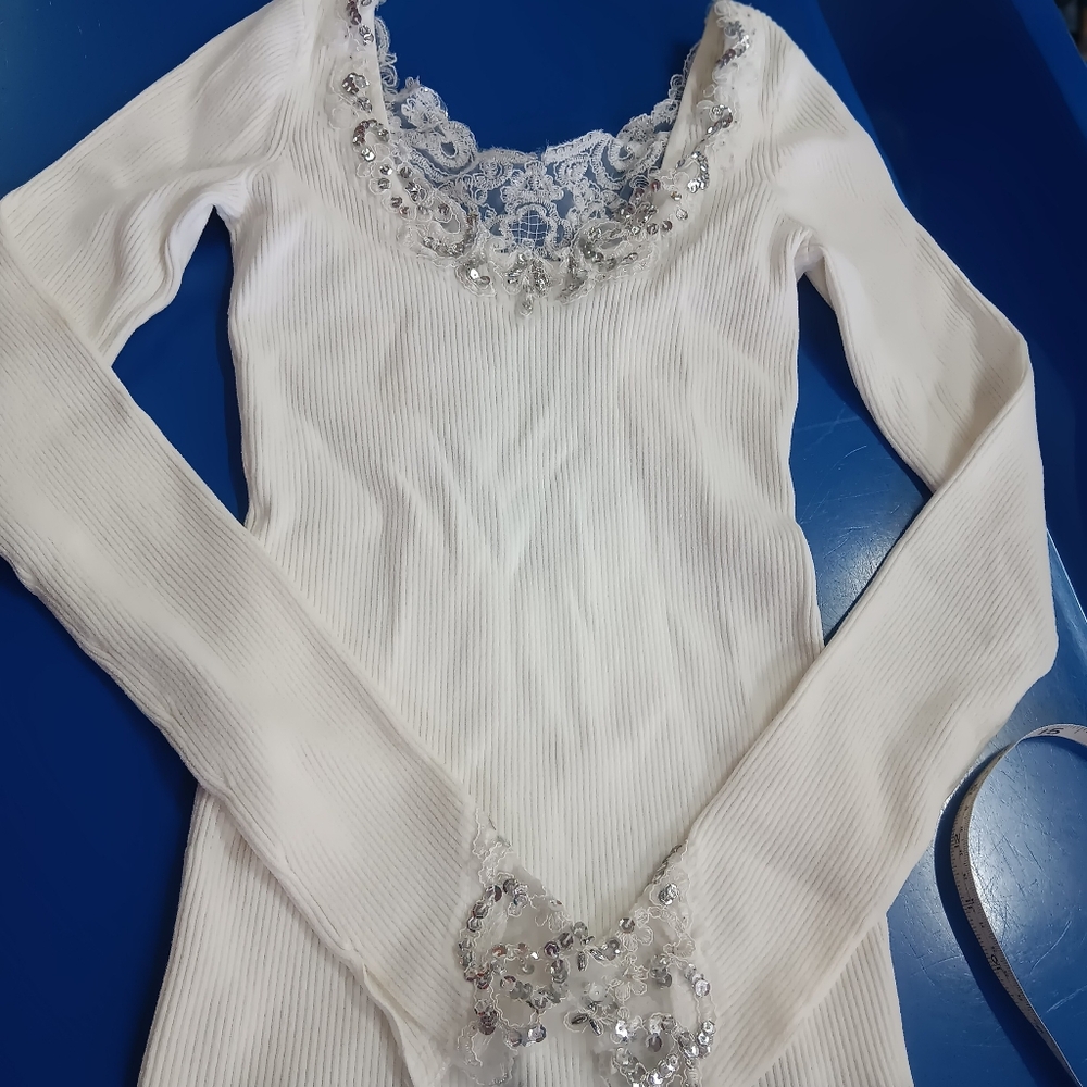 Elegant White Long Sleeve Top with Lace and Sequin Detail